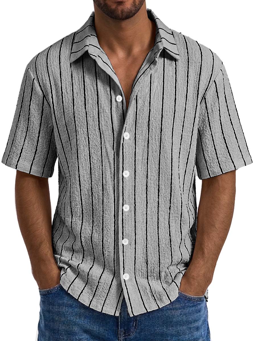 Men's Casual Textured Embroidered Logo Loose Comfort Striped Short Sleeved Shirt