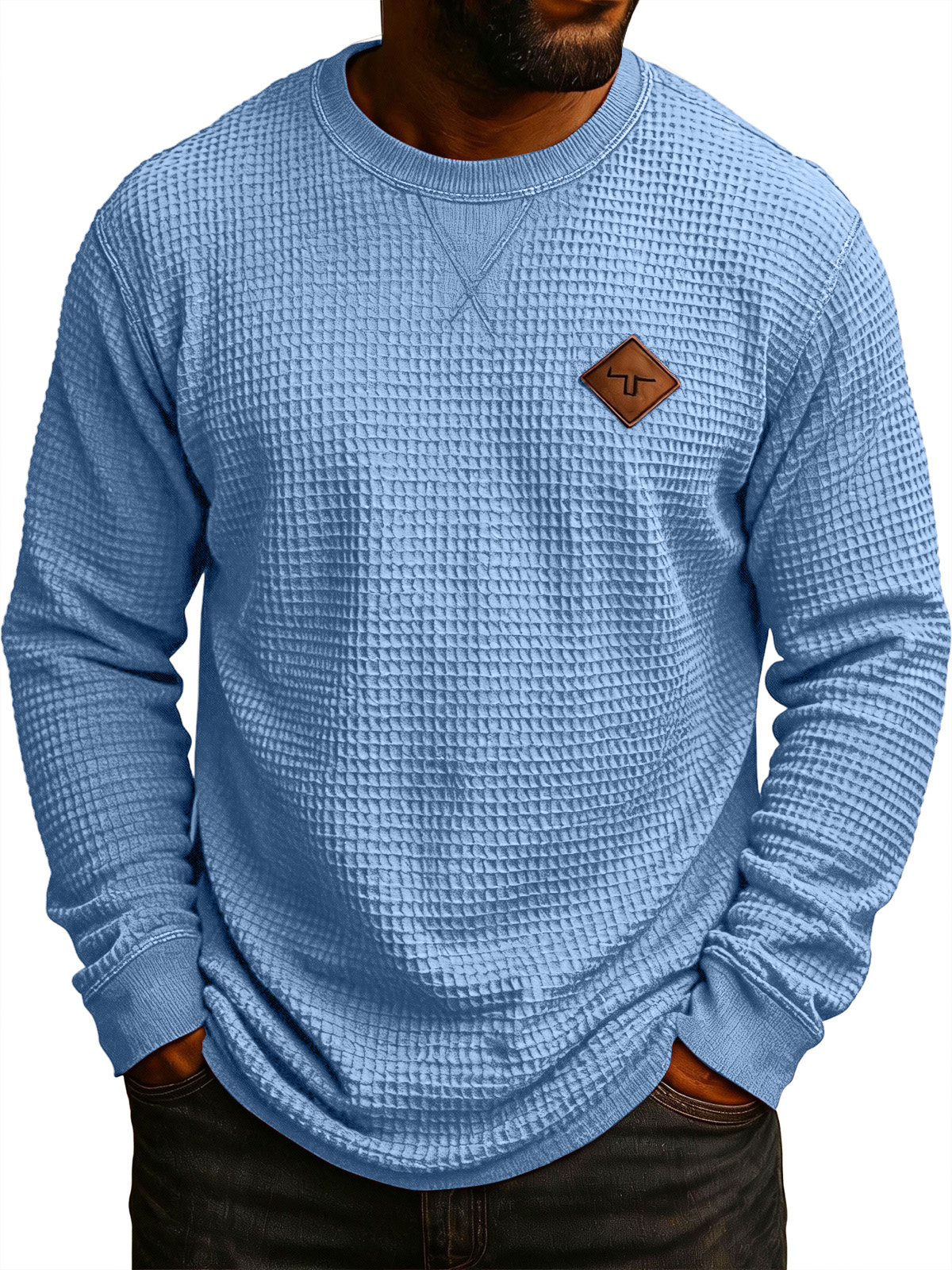 Men's Vintage Workwear Waffle Knit Embroidered Logo Crew Neck Long-Sleeve T-Shirt