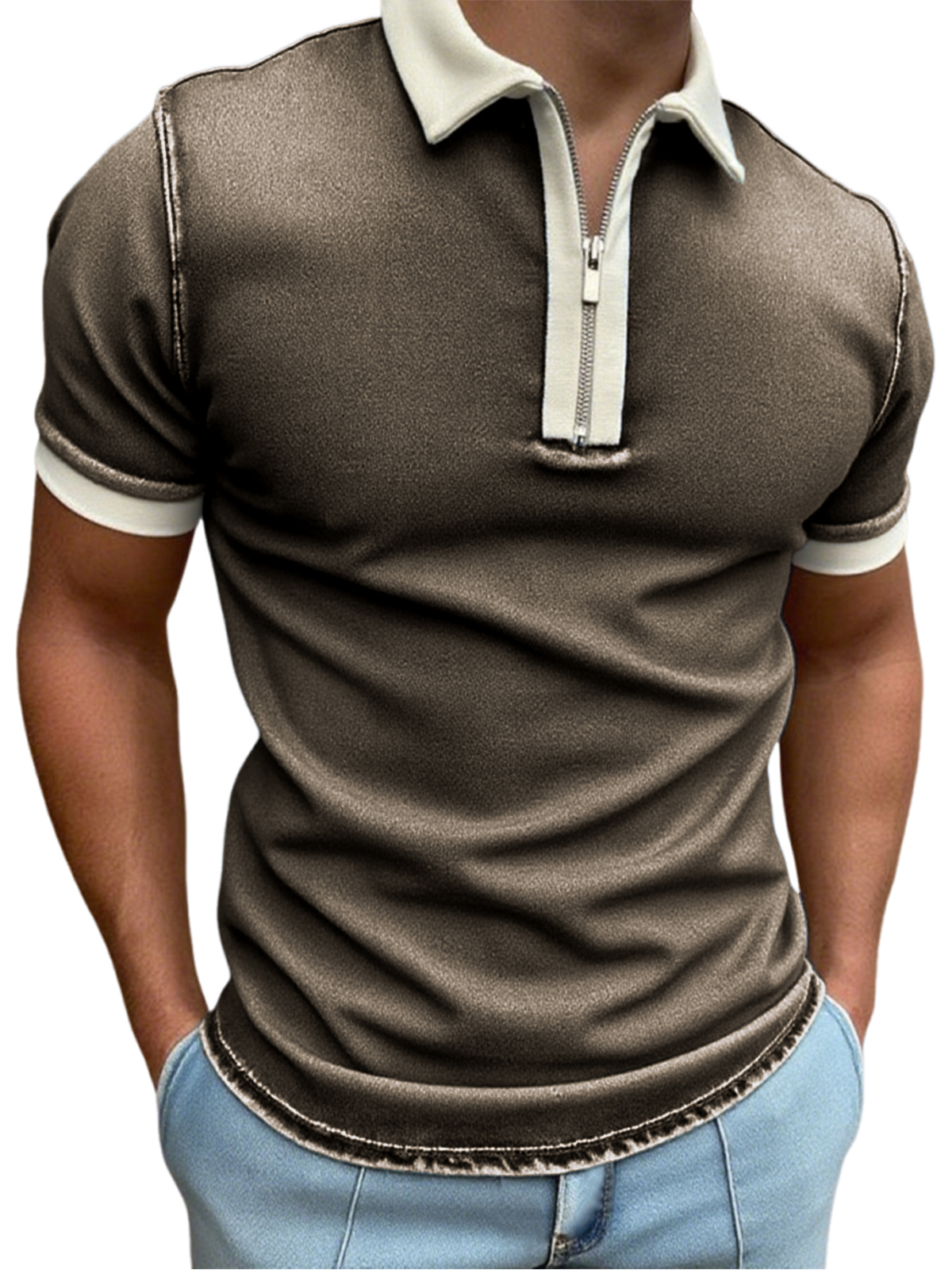 Men's Stylish Distressed Quarter Zip Short Sleeve Lapel Polo Shirt