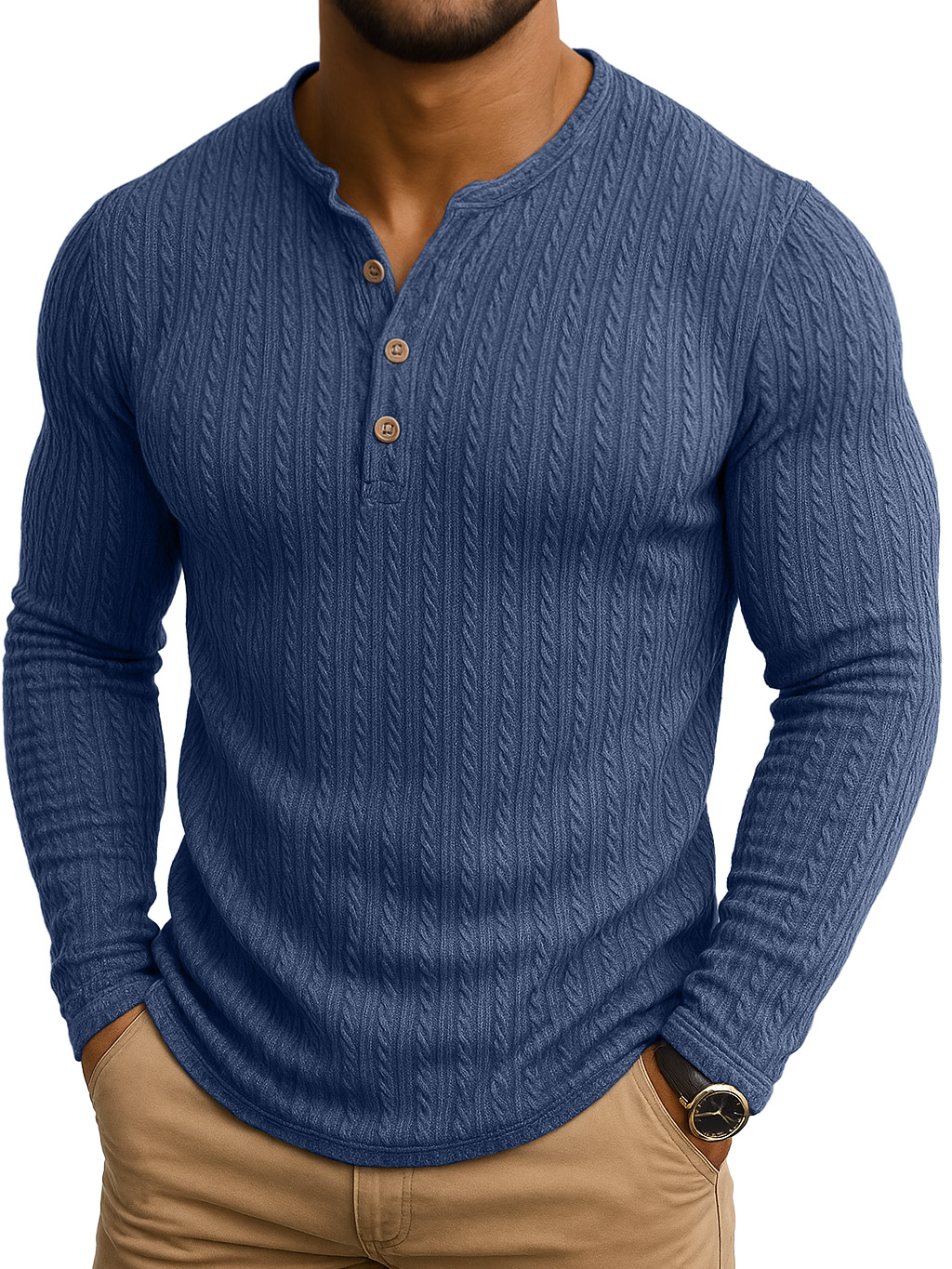 Vintage Striped Jacquard Henley Collar Long-sleeved T-shirt