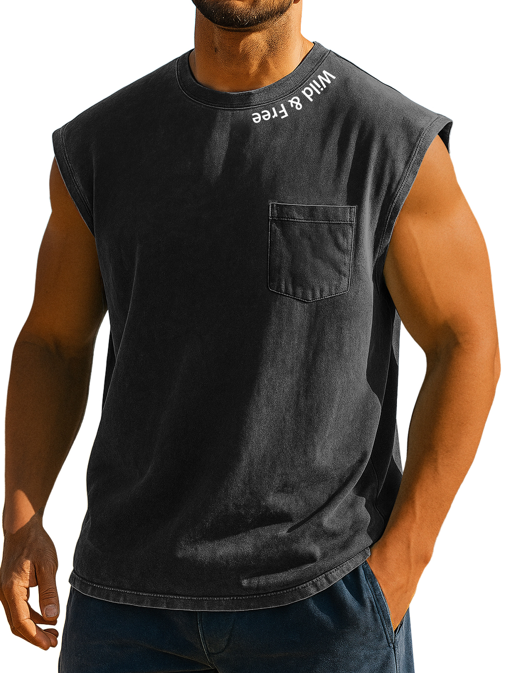 Men's Stylish Retro Distressed Pocket Wild And Liberty Print Sleeveless Top