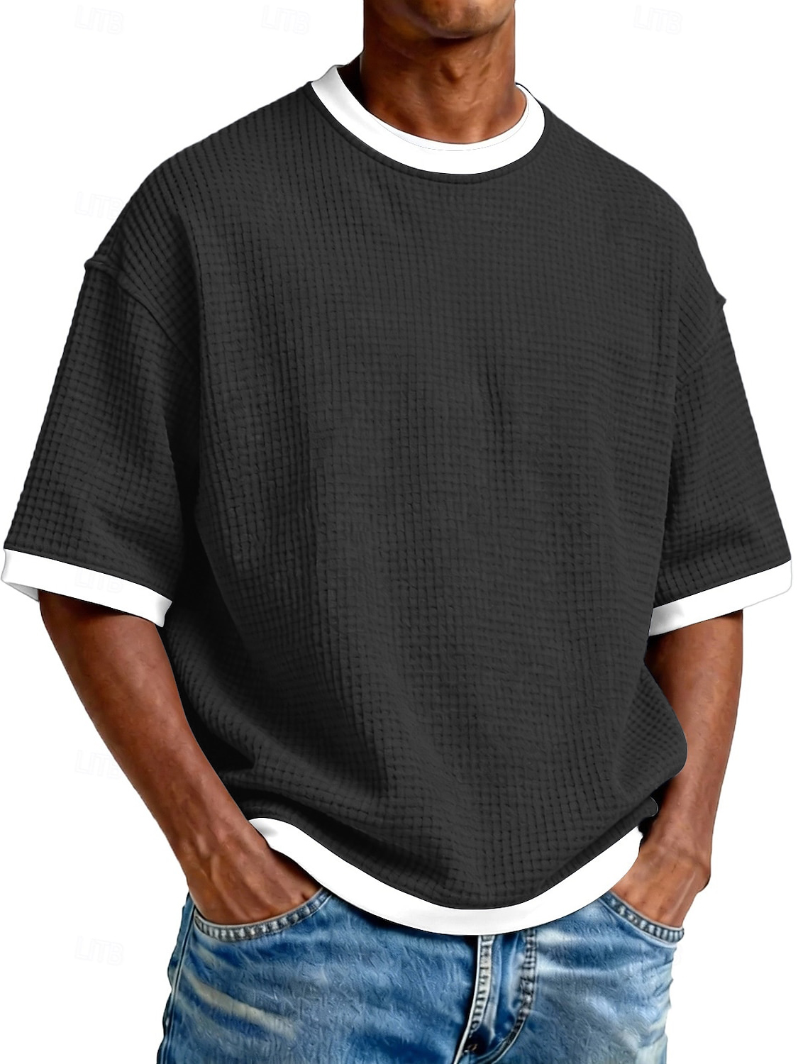 Men's Casual Waffle Fabric Double Pocket Long-Sleeve Shirt