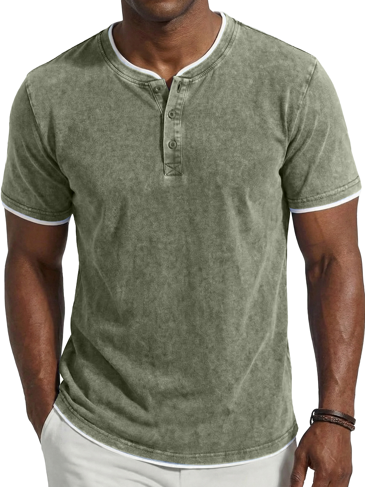 Men's Vintage Washed & Distressed Faux Layered Henley Short-Sleeve Top