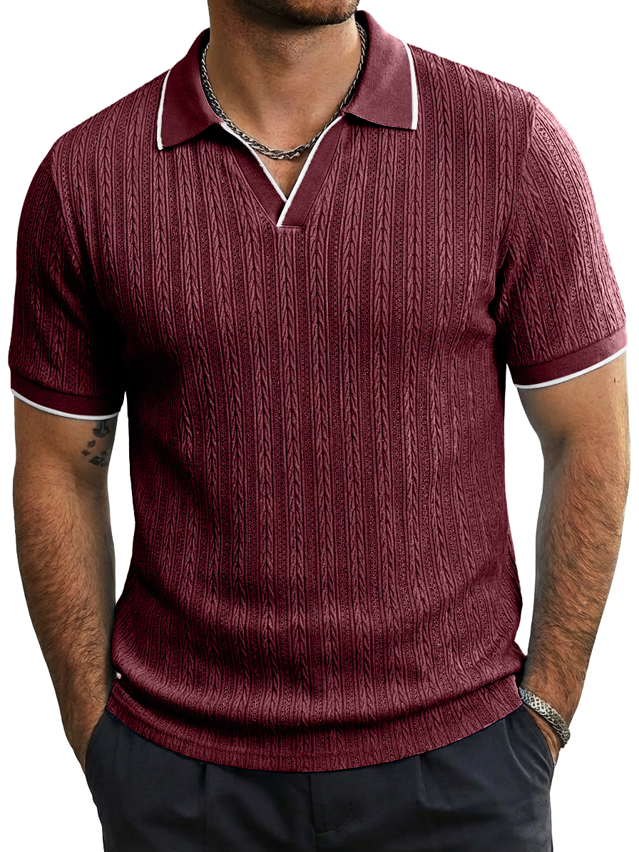 Men's Fashion Casual Jacquard-Knit Short-Sleeve Top with Seagull Collar