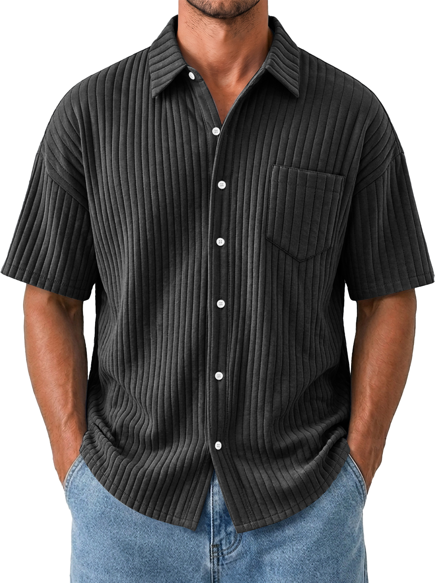 Men's Casual Solid-Color Short-Sleeve Shirt with Wide Ribbing