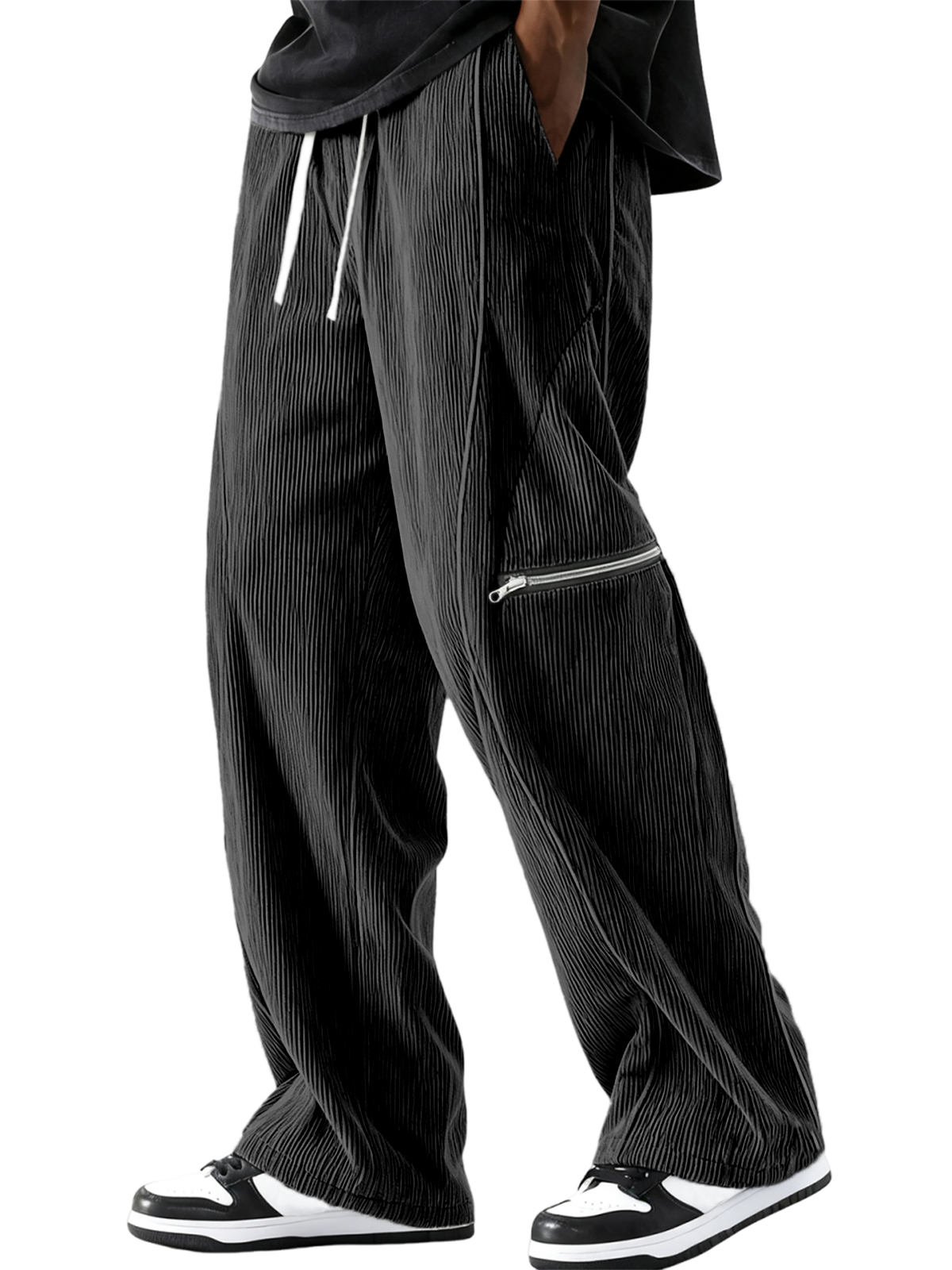 Men's Stylish Loose Corduroy Ribbed Pants with Zipper Pocket Everyday Trousers