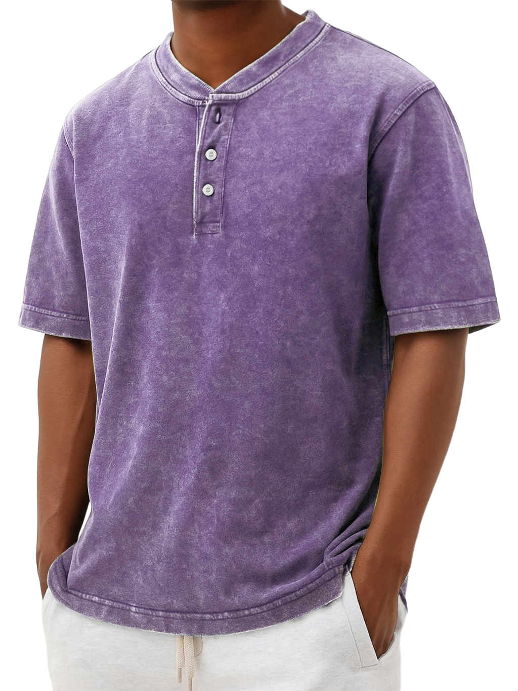 Men's Henry Collar Washed And Distressed Retro Casual Top