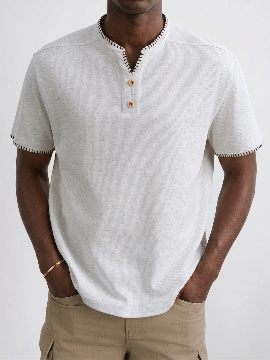 intage Loose Hand-Stitched Men Top, Minimal Casual Handcrafted Seam Design