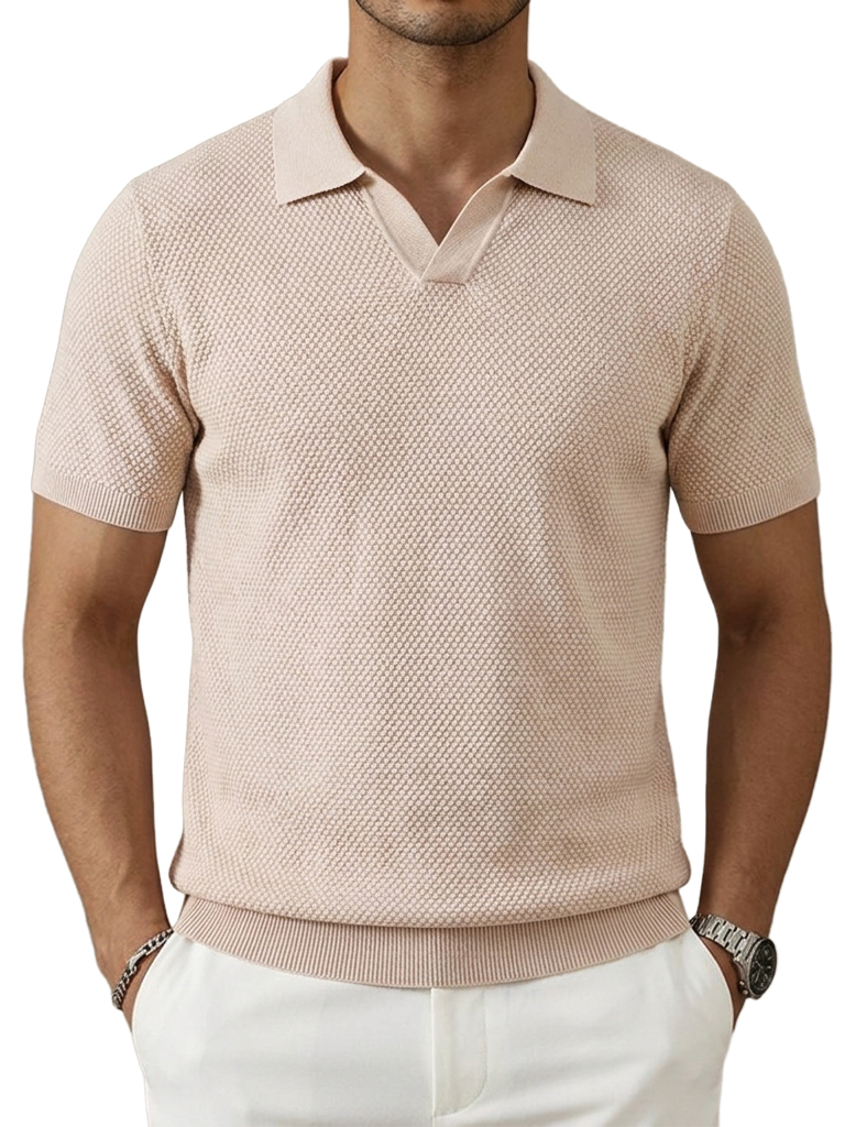 Pineapple-Texture Jacquard V-Neck Polo Shirt with Gull-Wing Collar