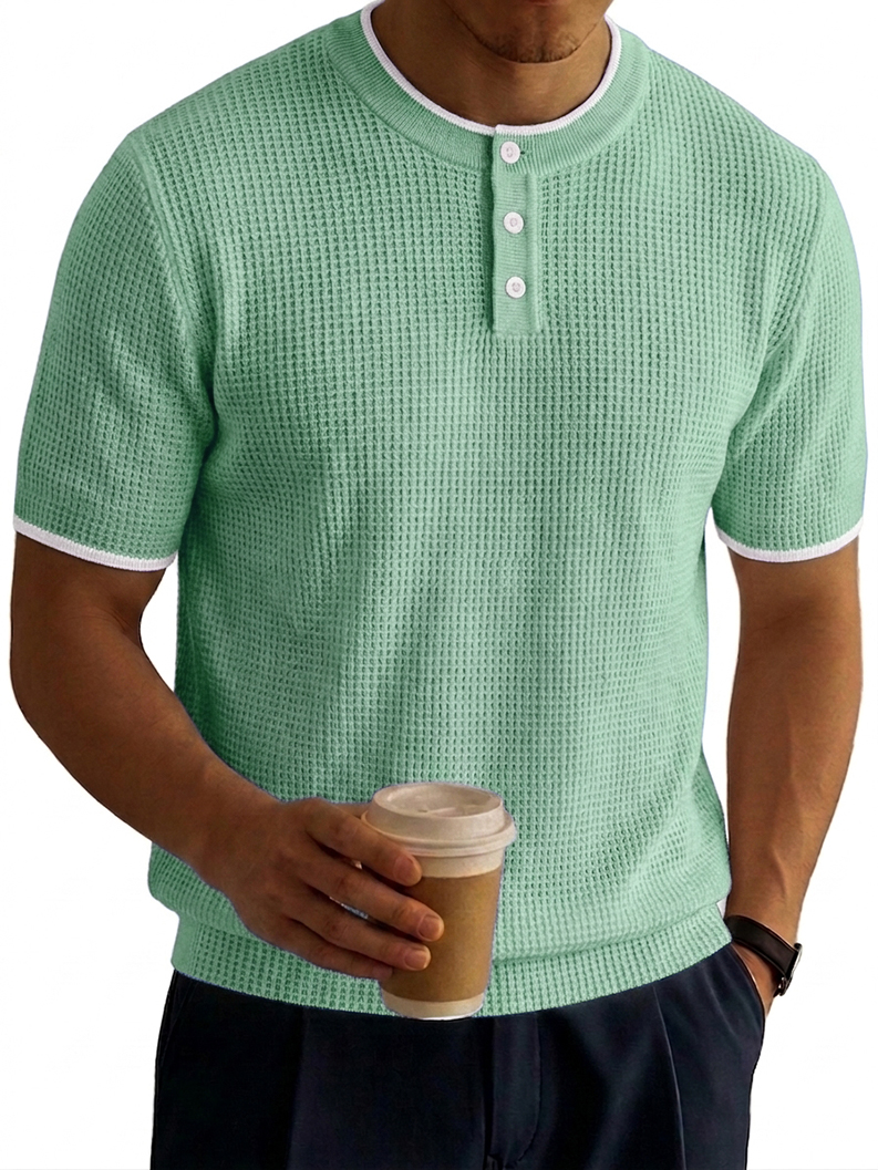 Color-Block Waffle-Knit Basic Casual Henley Shirt