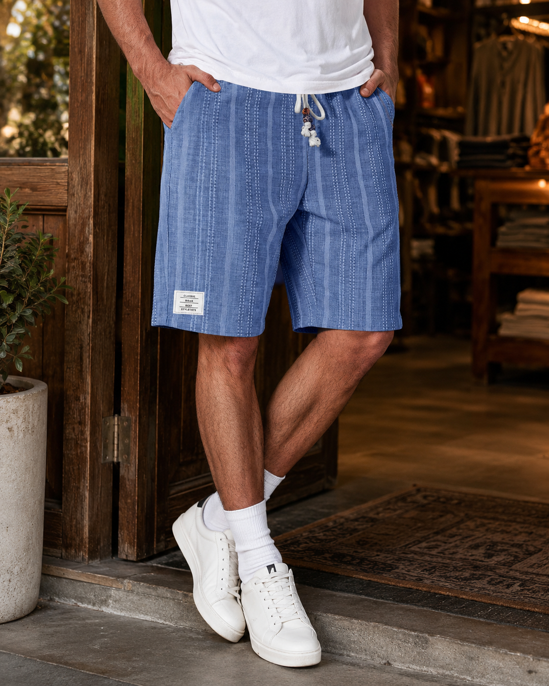 Men's Casual Linen Jacquard Striped Textured Elastic Waist Shorts