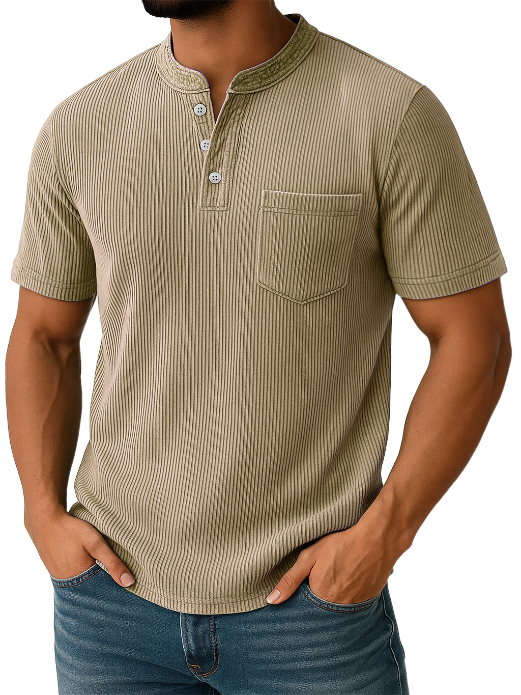 Men's Retro Stand-up Collar Ribbed Texture Vertical Stripe Pocket Casual T-shirt