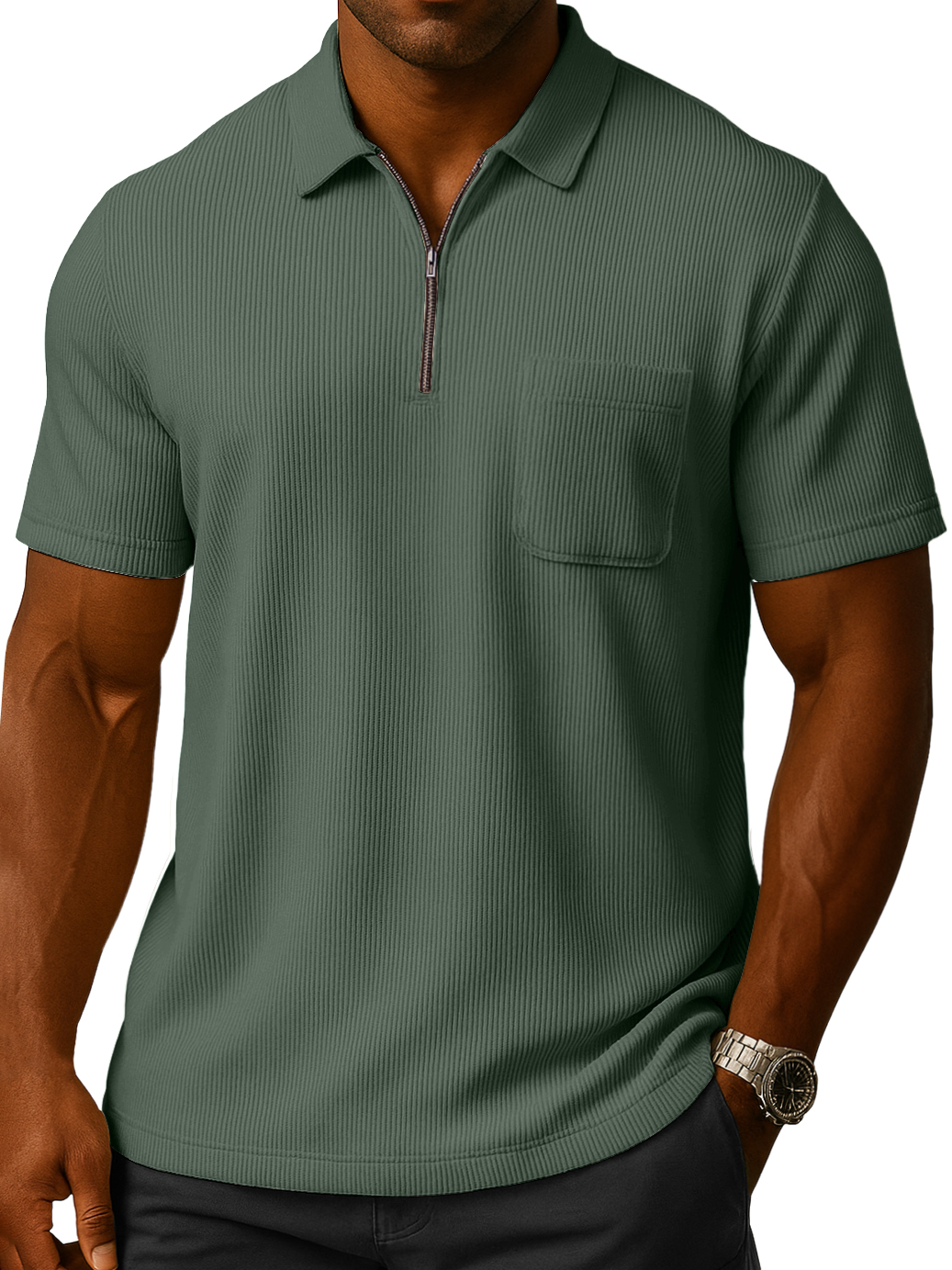 Men's Solid Color Loose And Comfortable Vertical Stripes Zipper Pocket Short-sleeved Polo Shirt