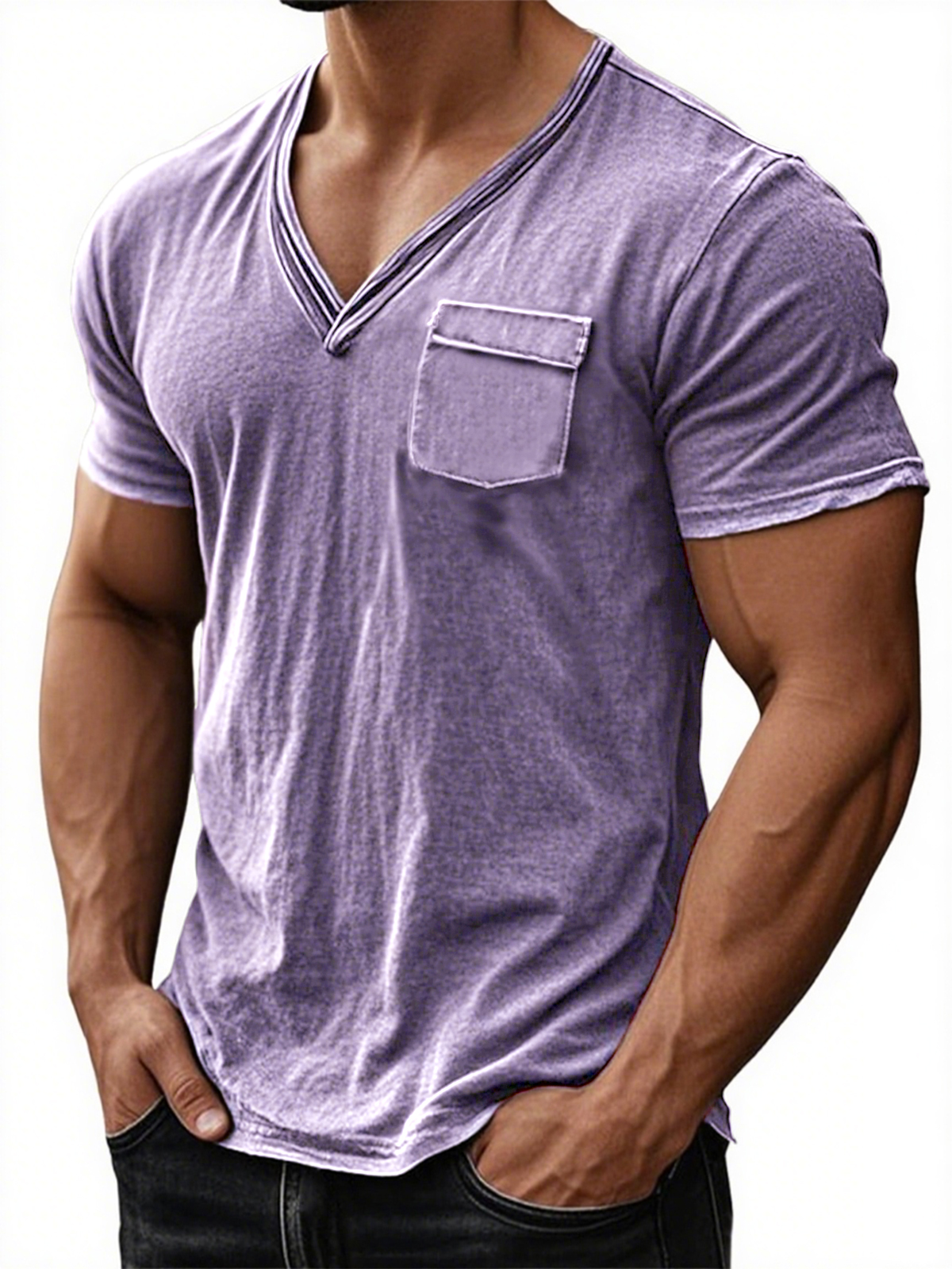 Men's Stylish Distressed V-neck Skin-friendly Everyday Short-sleeved T-shirt with Chest Pocket