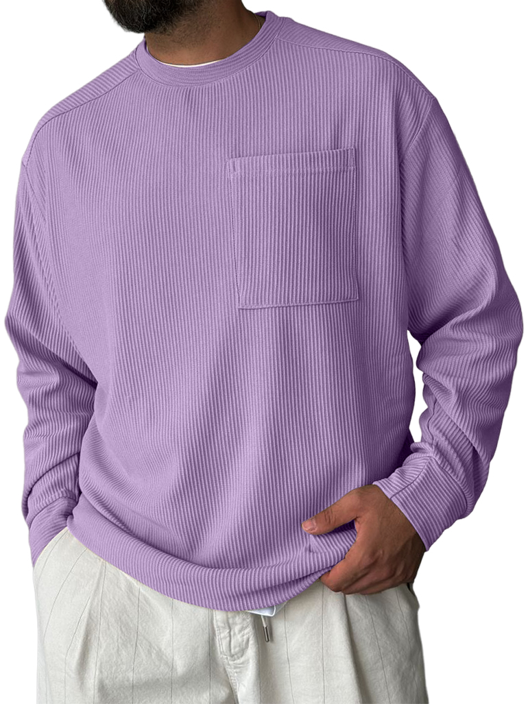 Men's Striped Jacquard Crew Neck Pocket Casual Comfortable Long-sleeved T-shirt
