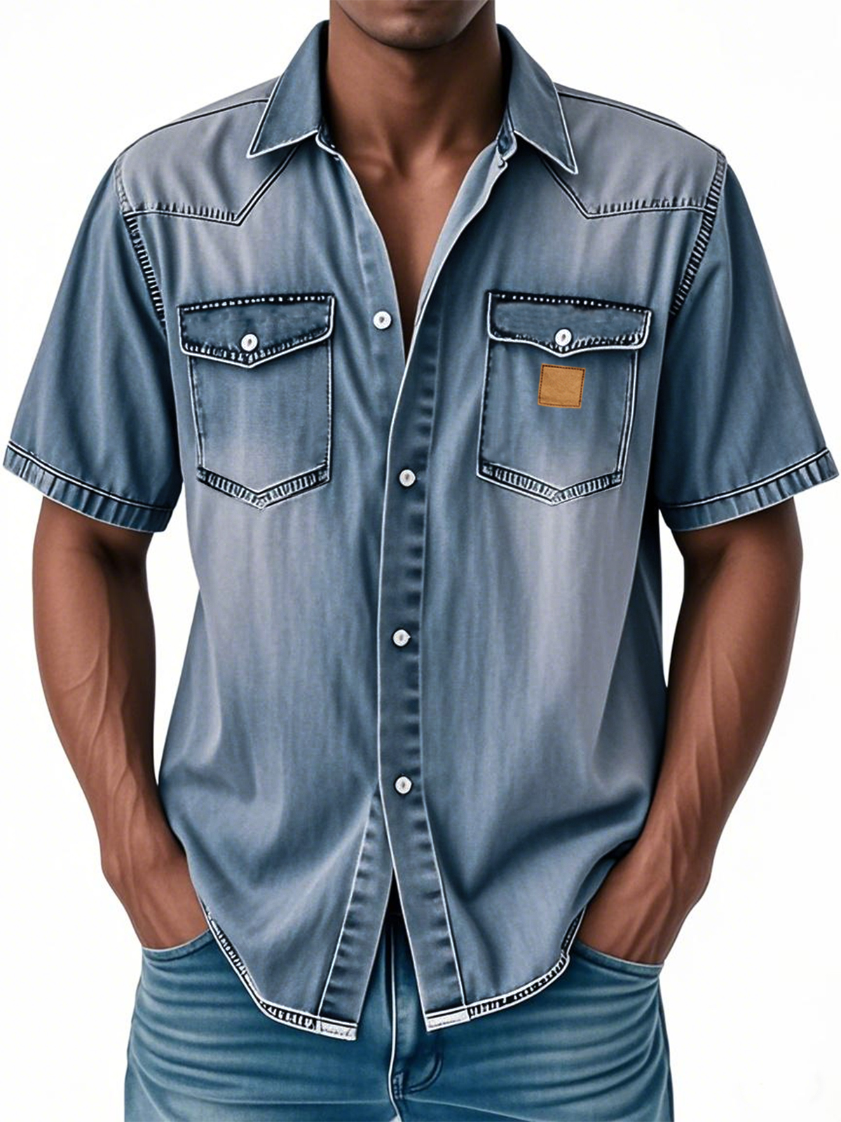 Men's Retro Western Embroidered Multi-Pocket Button Casual Short Sleeve Shirt