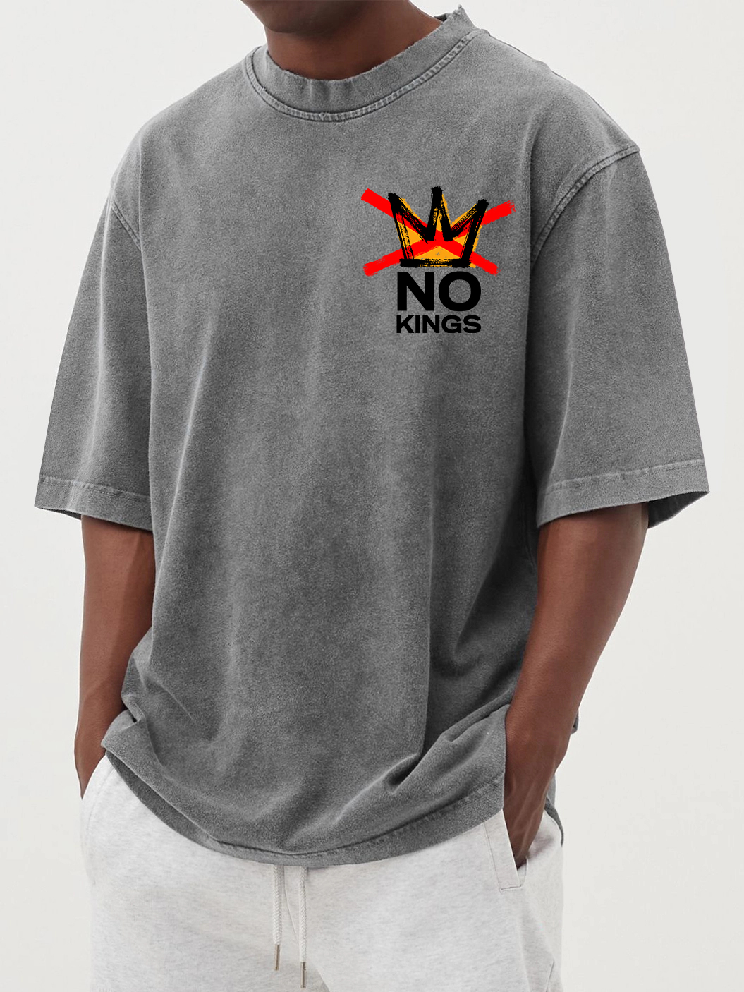 Men's 100% Cotton Washed And Distressed Vintage No Kings Print T-shirt