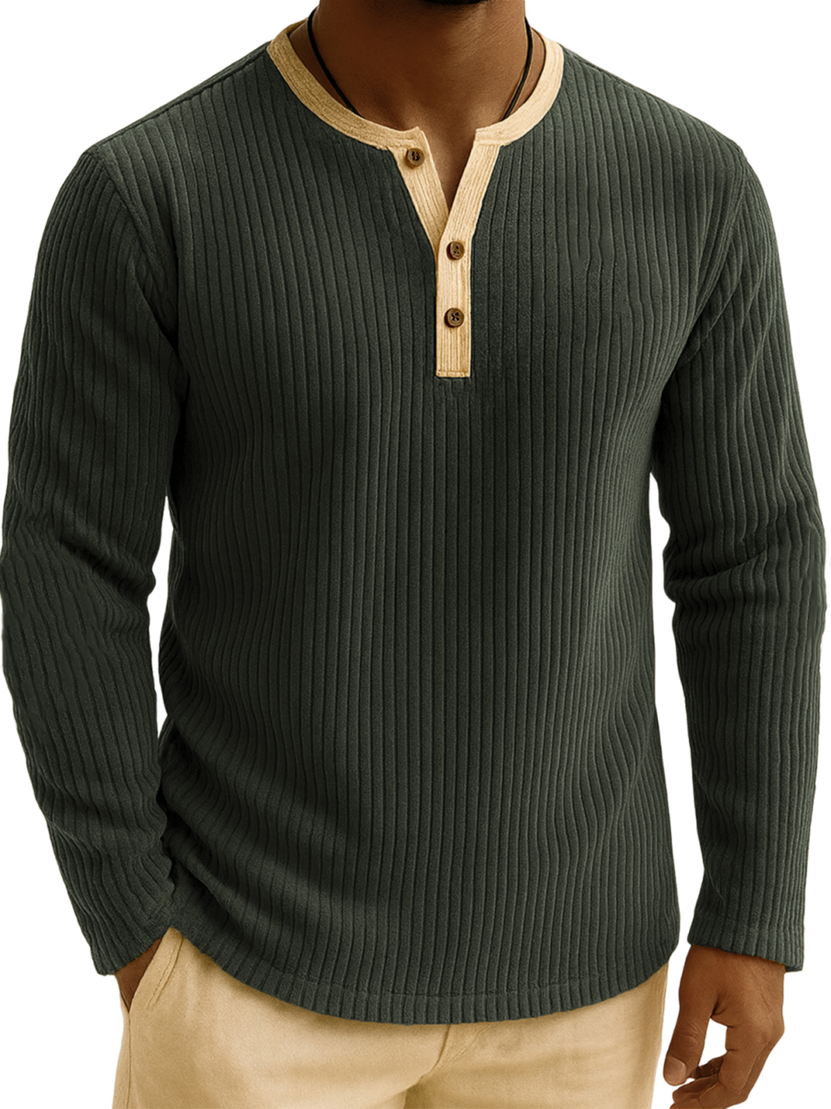 Men's Stylish Corduroy Ribbed Color-Block Henley Shirt