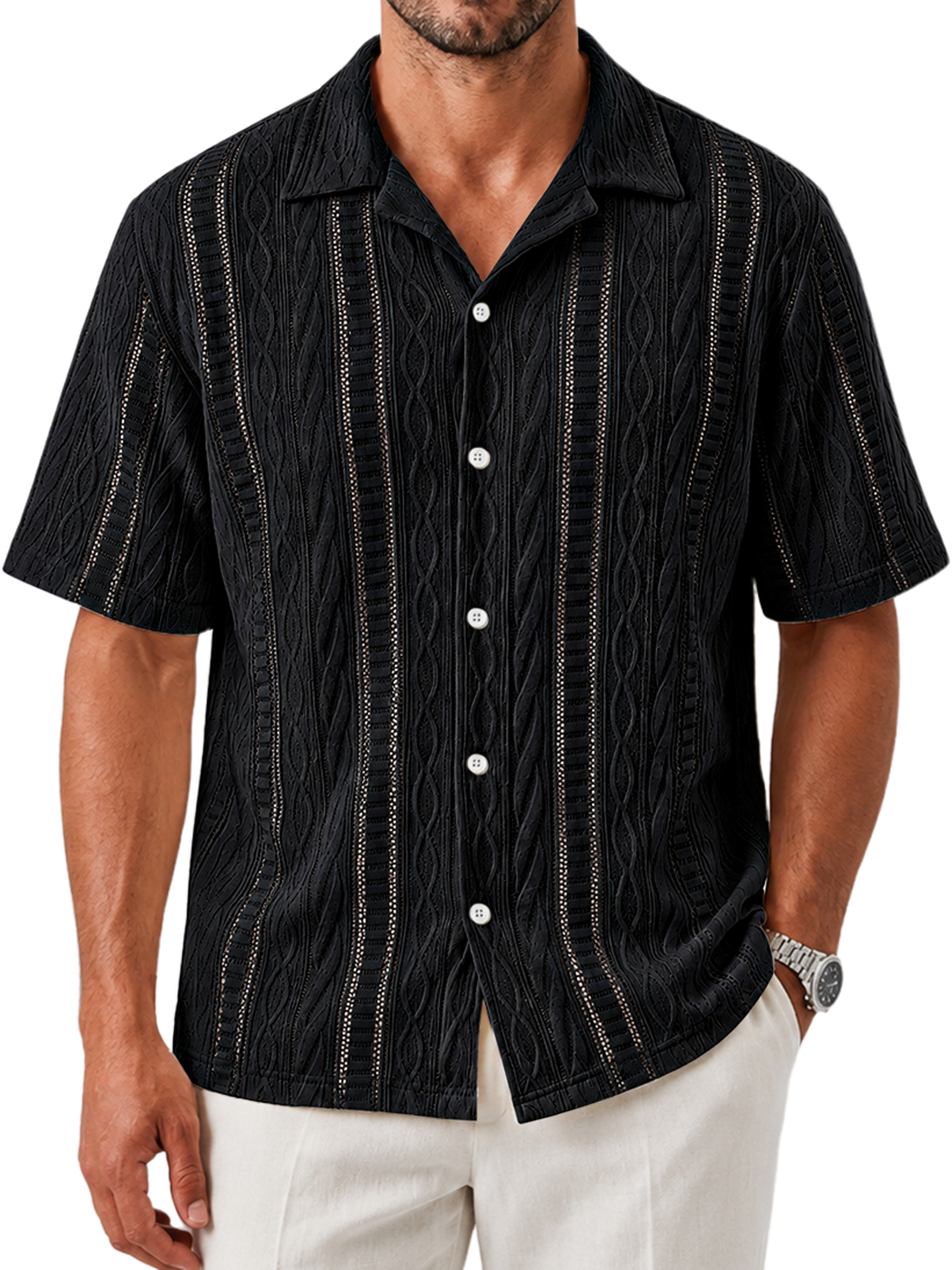 Men's Textured Casual Solid-Color Comfortable Short-Sleeve Shirt