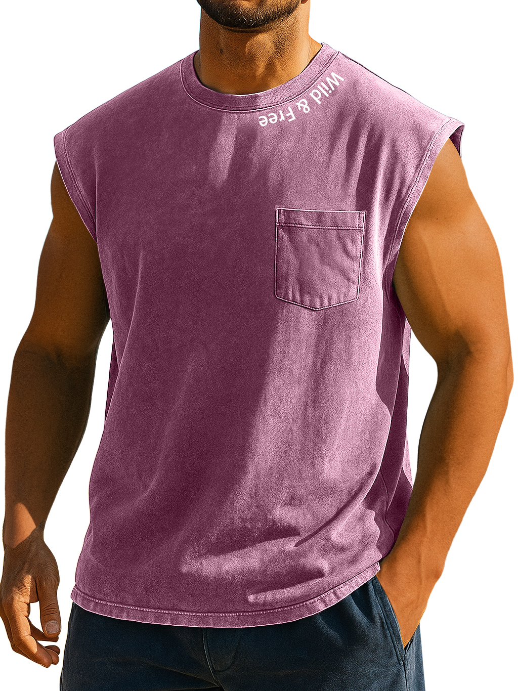 Men's Stylish Retro Distressed Pocket Wild And Liberty Print Sleeveless Top
