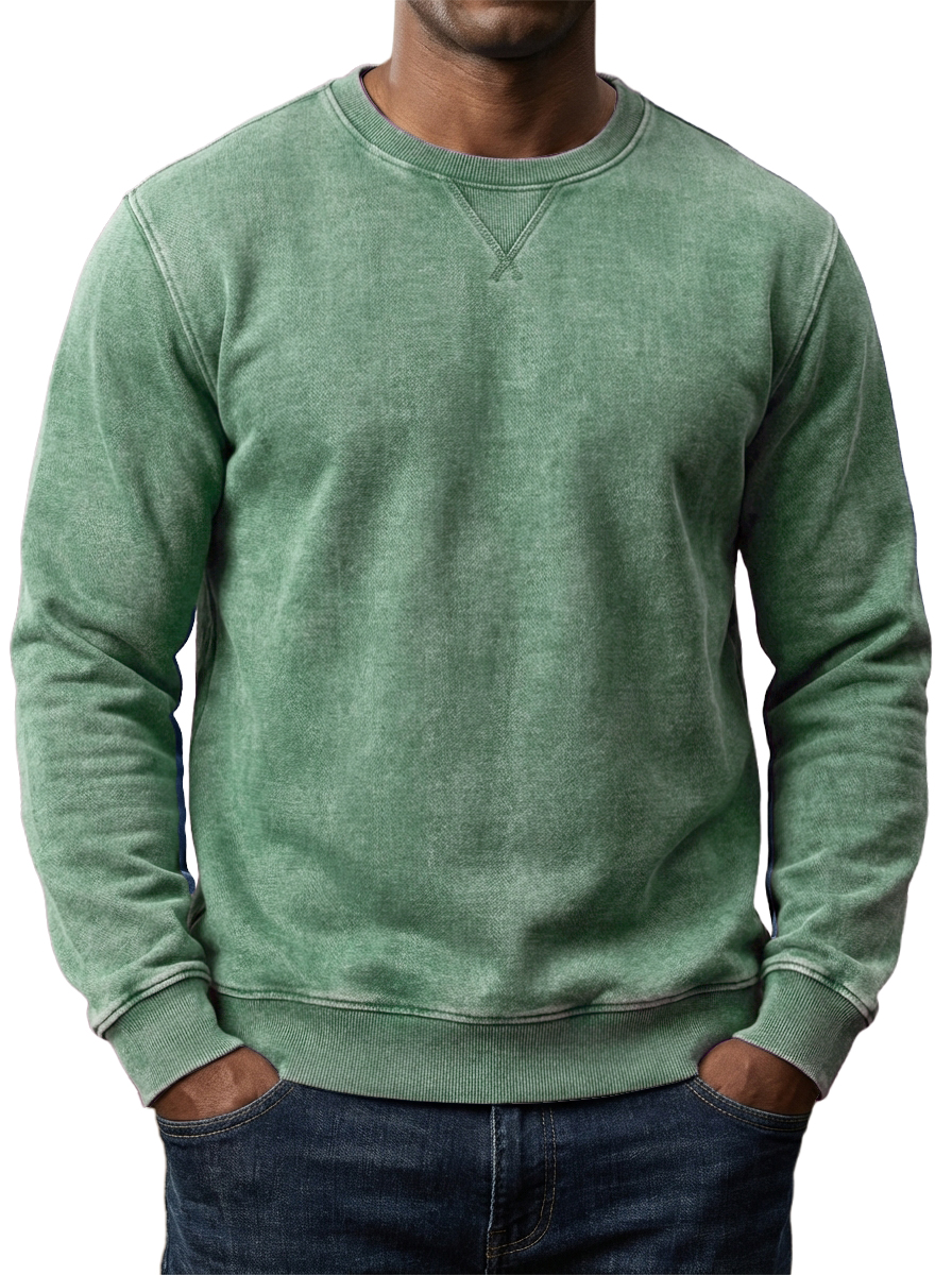 Men's Washed and Distressed Cotton Retro Crew Neck Long-Sleeve Sweatshirt