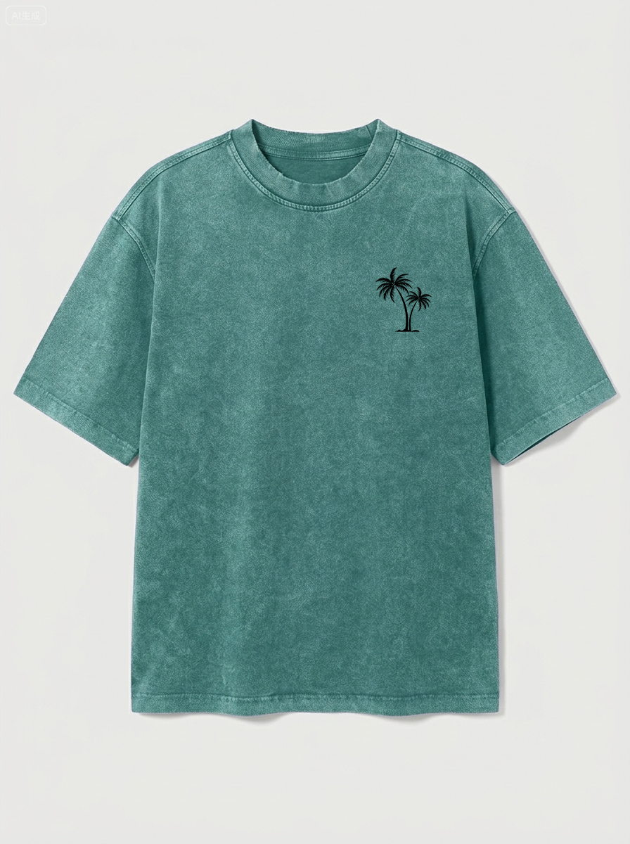 100% Cotton Vintage Washed & Distressed Crew-Neck Short-Sleeve T-Shirt with Palm Tree Print