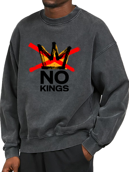Men's Washed And Distressed Vintage No Kings Print Crewneck Sweatshirt