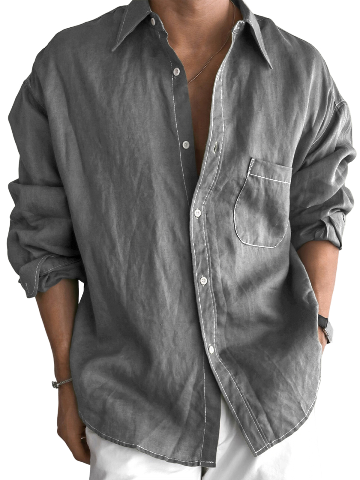 Men's Daily Cotton-linen Urban Casual Long-sleeve Shirt with Chest Pocket