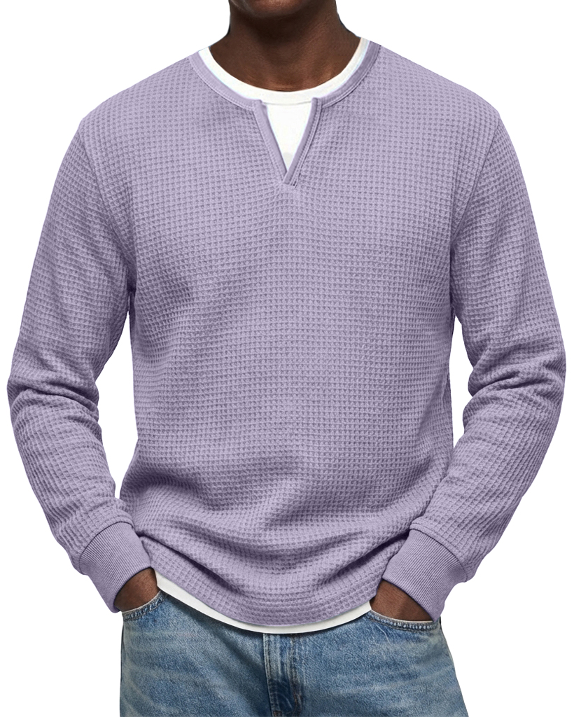 Men's Casual Urban  V-neck Faux Two-Piece Waffle Knit Crew Neck Long-Sleeve T-Shirt