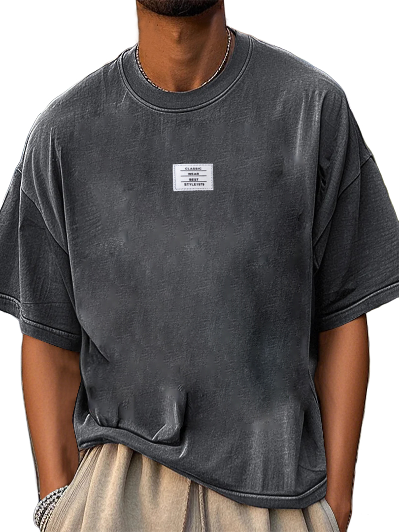 Men's Fashion Pure Cotton Washed Distressed Retro Simple Casual Short-sleeved T-shirt