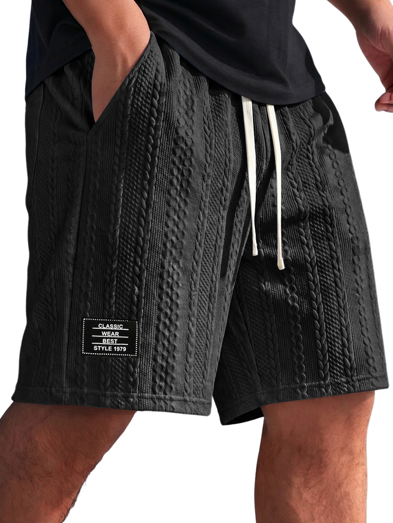 Men's Textured Embroidered Logo Elastic-Waist Casual Shorts