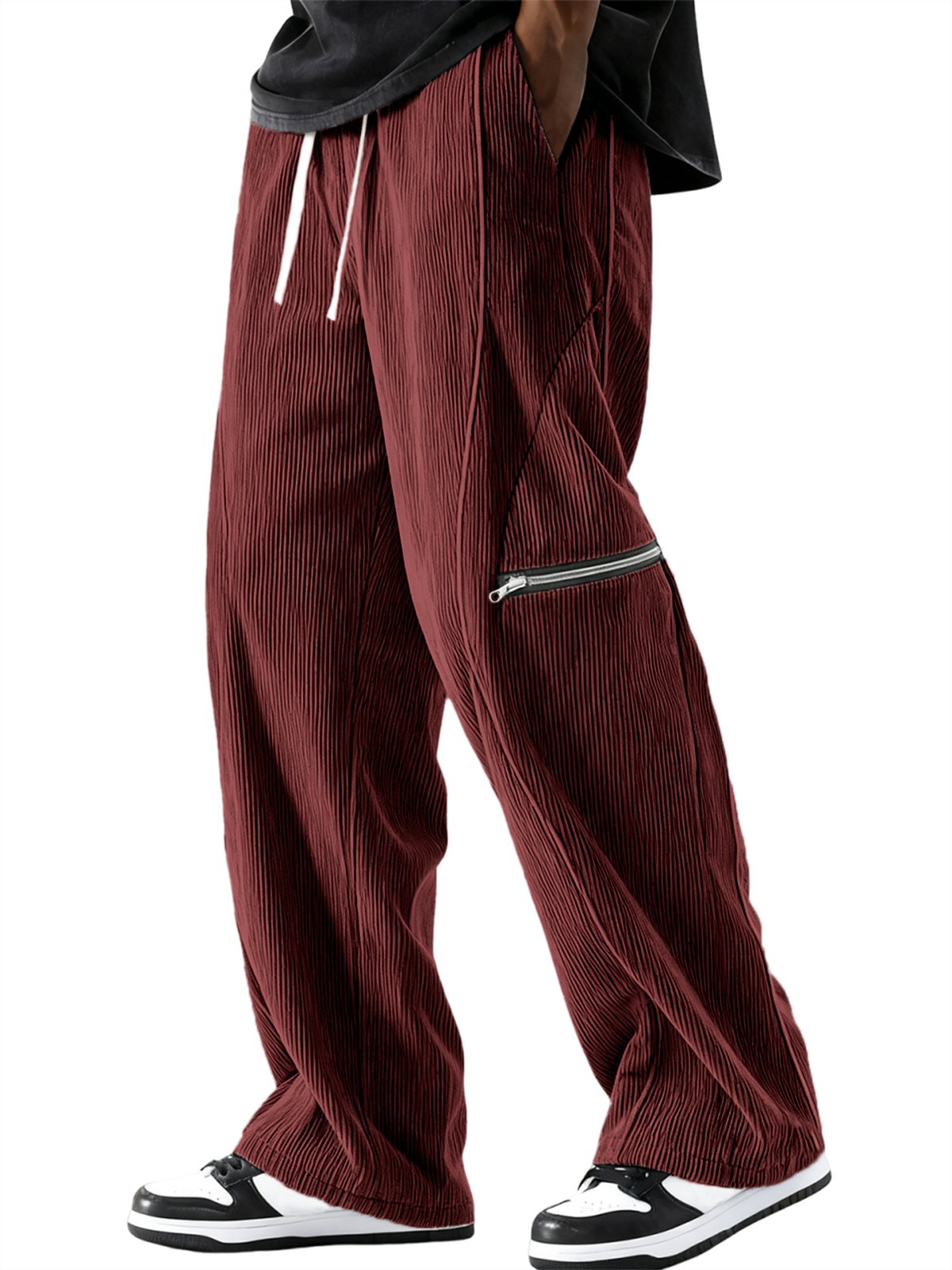 Men's Stylish Loose Corduroy Ribbed Pants with Zipper Pocket Everyday Trousers