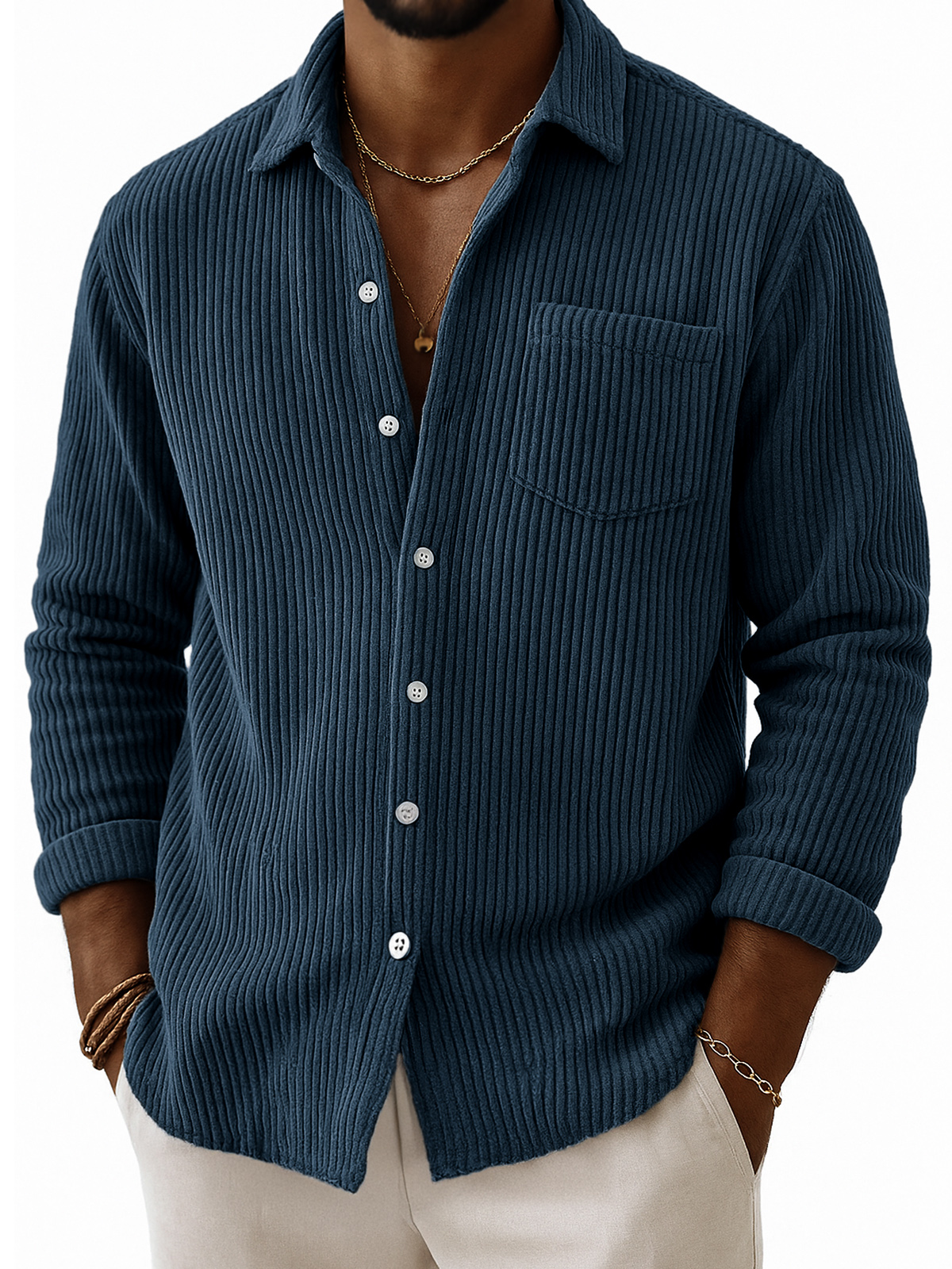 Men's Stylish Corduroy Ribbed Long-Sleeve Shirt with Chest Pocket