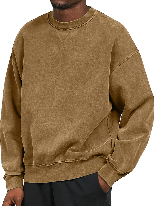 Men's Vintage Washed Distressed Crew Neck Cotton Long-Sleeve Sweatshirt