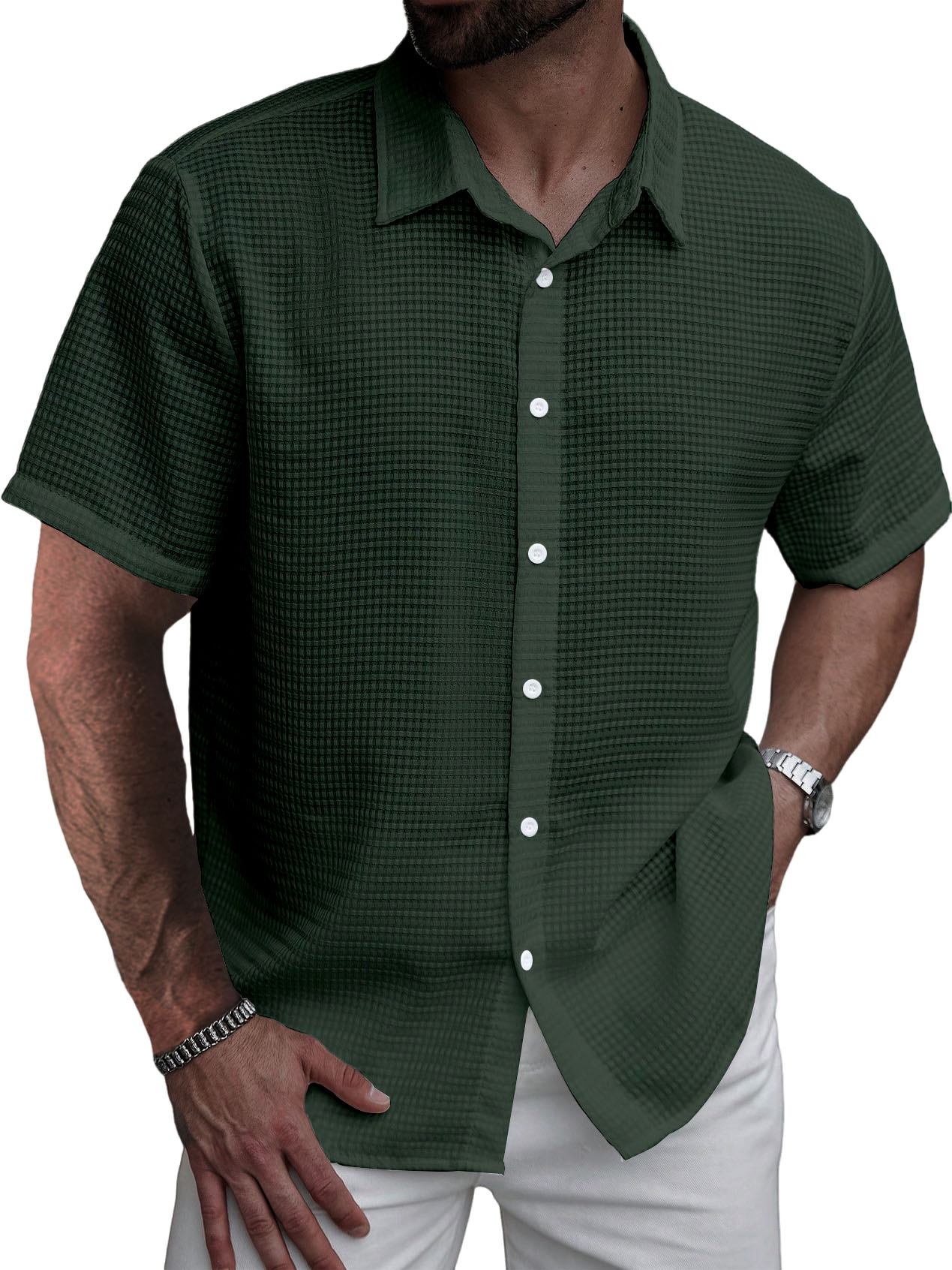 Men's Stylish Casual Waffle Fabric Short-sleeved Shirt