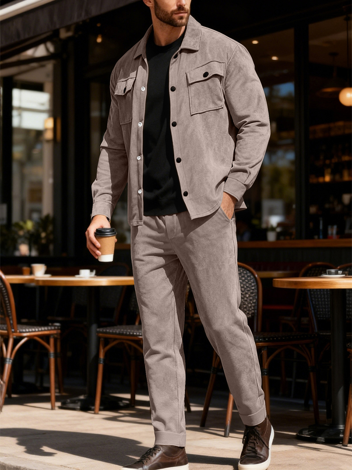 Heavyweight Casual Solid Color Suede Jacket and Trousers Set