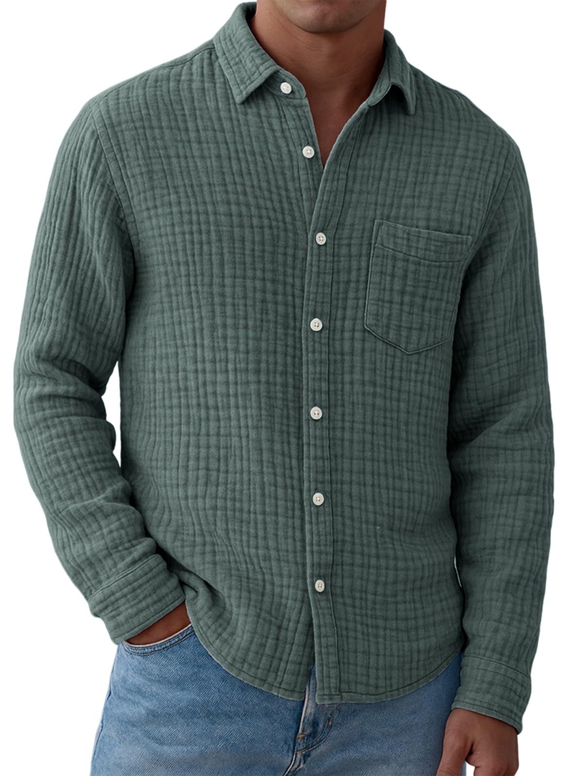Men's Comfort Gauze Pleated Pocket Cotton Long Sleeve Shirt