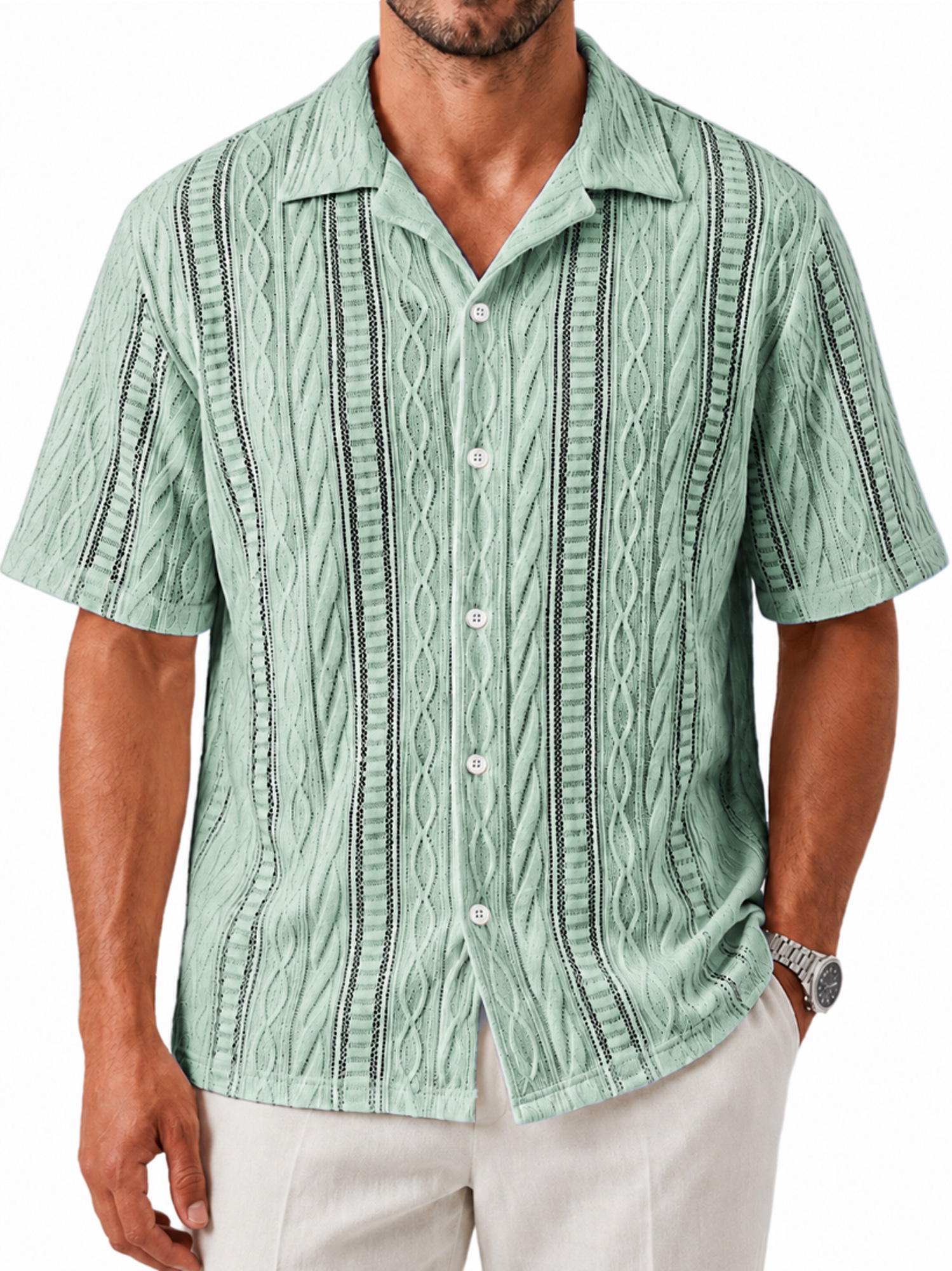 Men's Textured Casual Solid-Color Comfortable Short-Sleeve Shirt