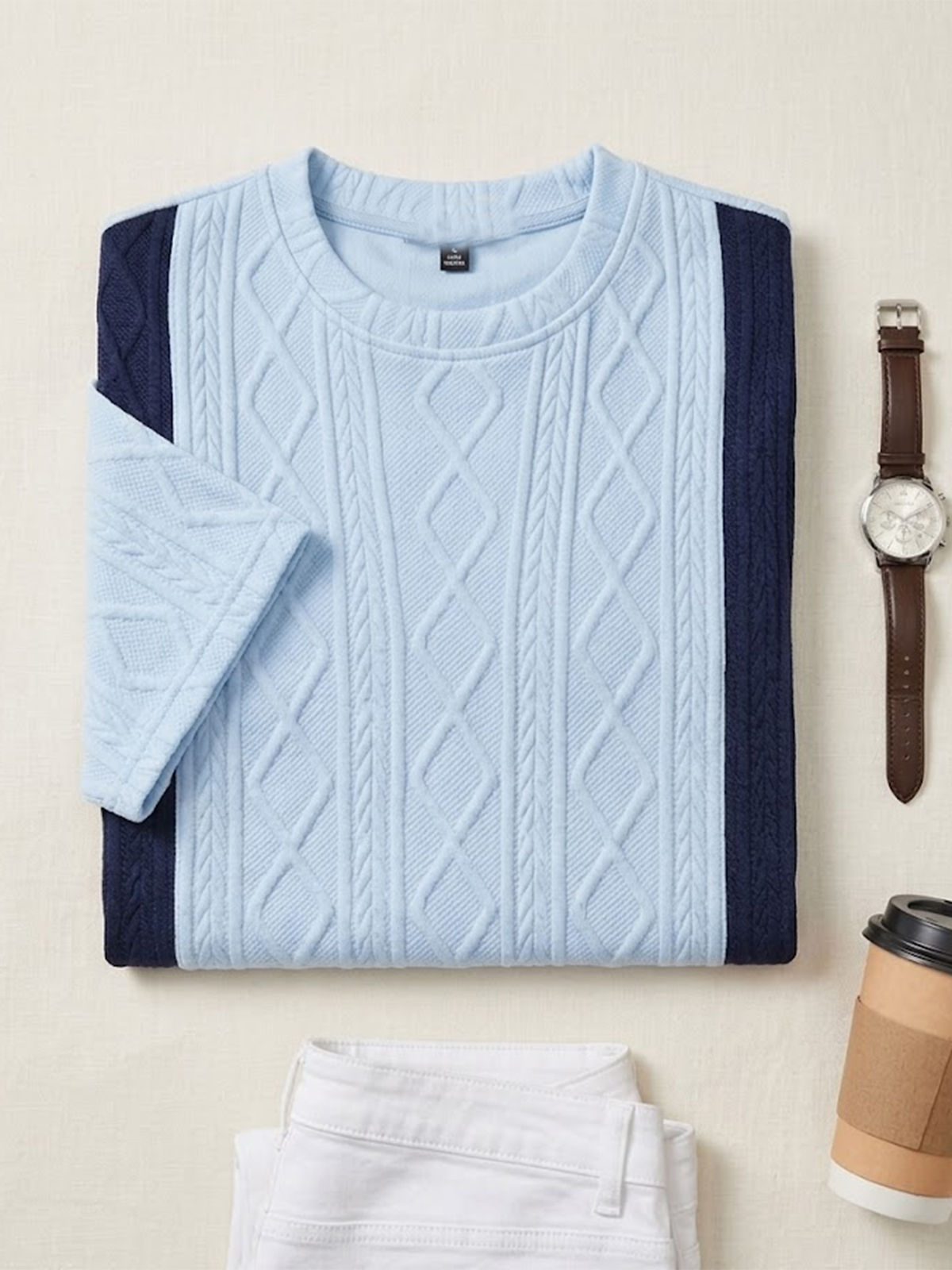 Men's Color Block Jacquard Textured Pullover Crew Neck T-Shirt