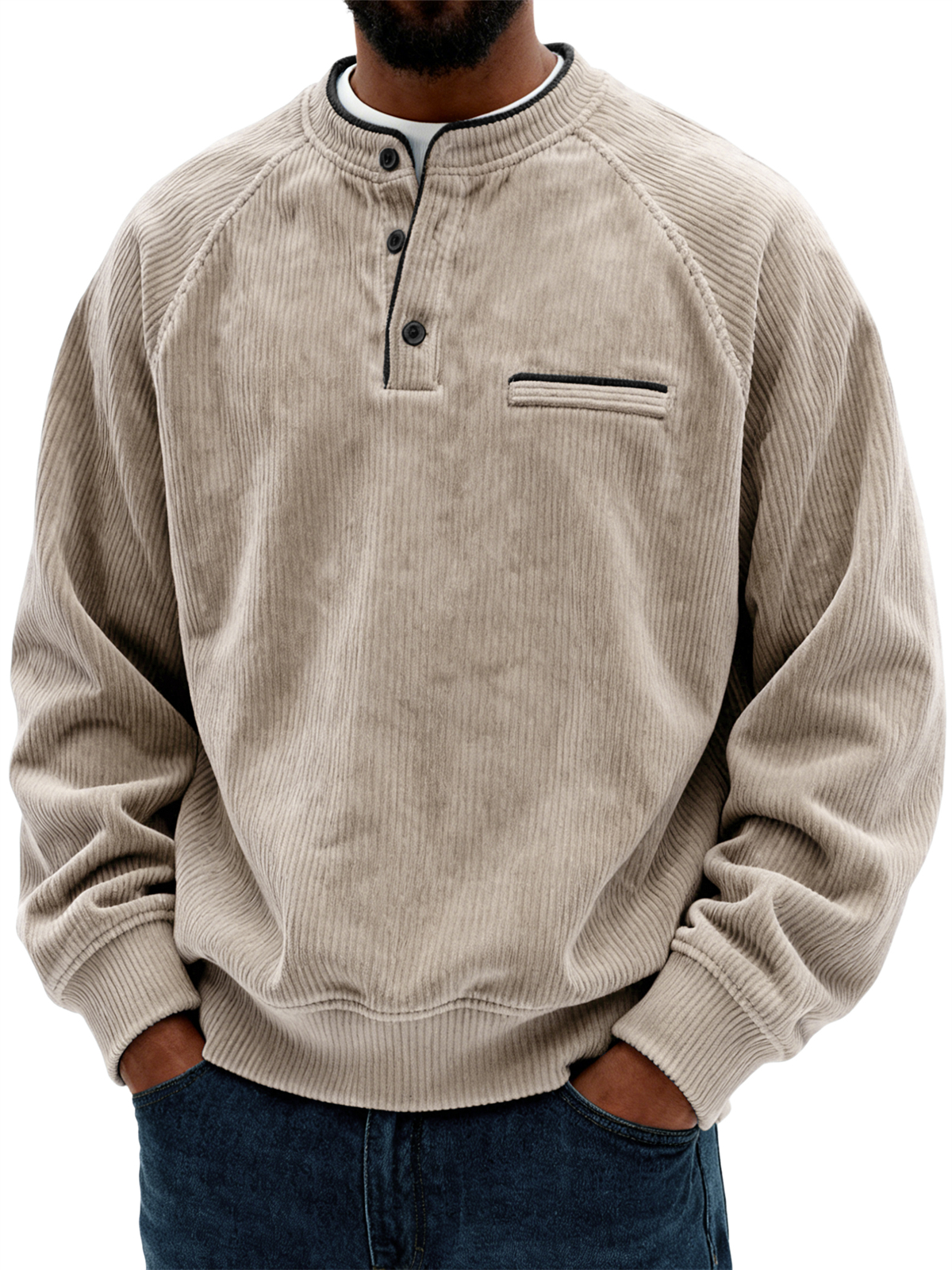 Men's Retro Fashion Corduroy Contrast Pocket Detail Long-Sleeve Sweatshirt