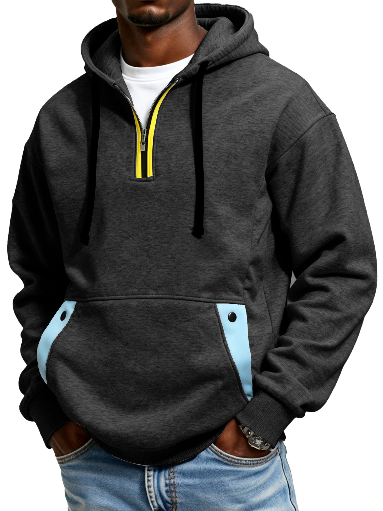 Men's Color Blocked Half Zip Hooded Pocket Sweatshirt