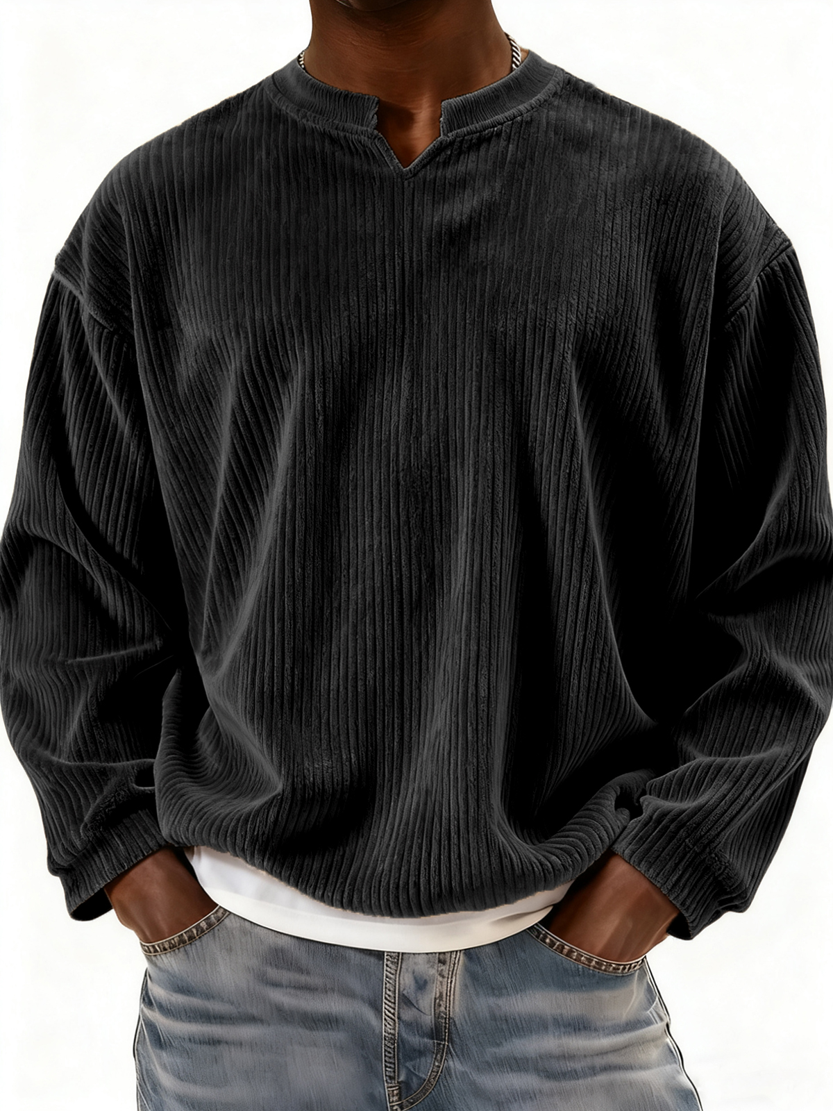Men's V-neck Notch Neck Stylish Corduroy Long-sleeved Pullover
