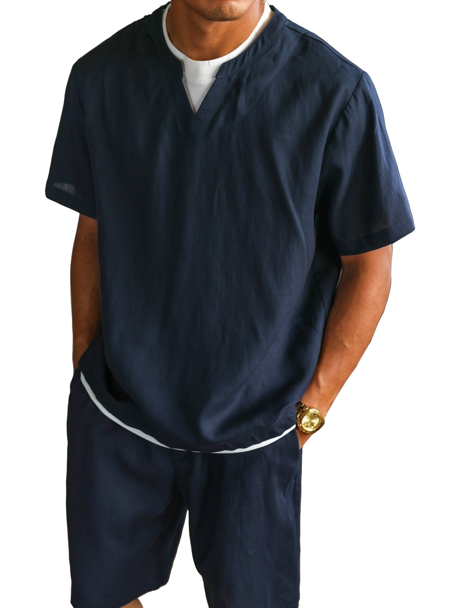 Men's V-neck Color-blocked Faux Two-piece Short-sleeved T-shirt and Shorts Set