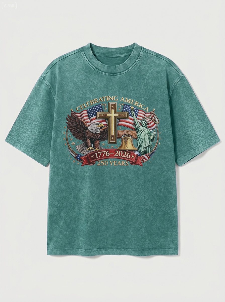 100% Cotton Vintage Washed & Distressed USA 250th Anniversary Crew Neck Short-Sleeve T-Shirt
