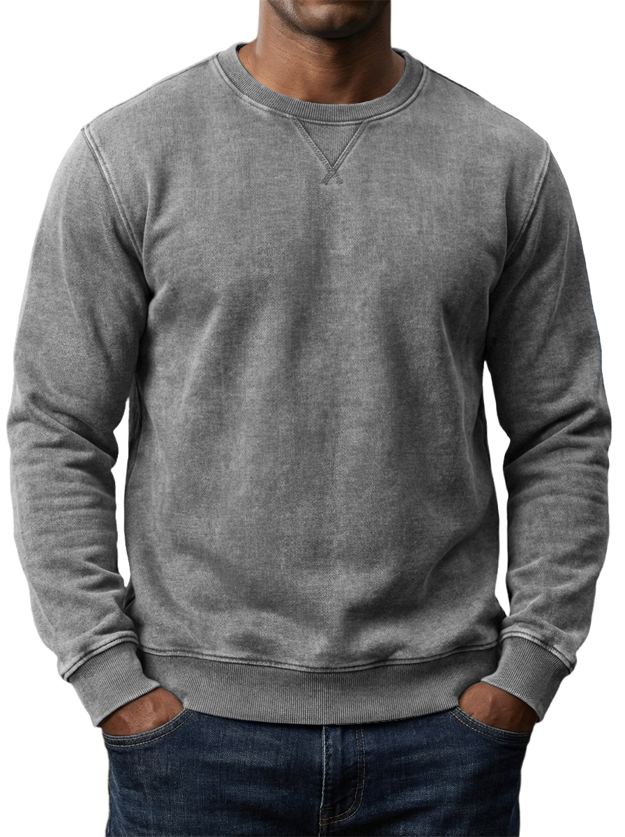 Men's Washed and Distressed Cotton Retro Crew Neck Long-Sleeve Sweatshirt