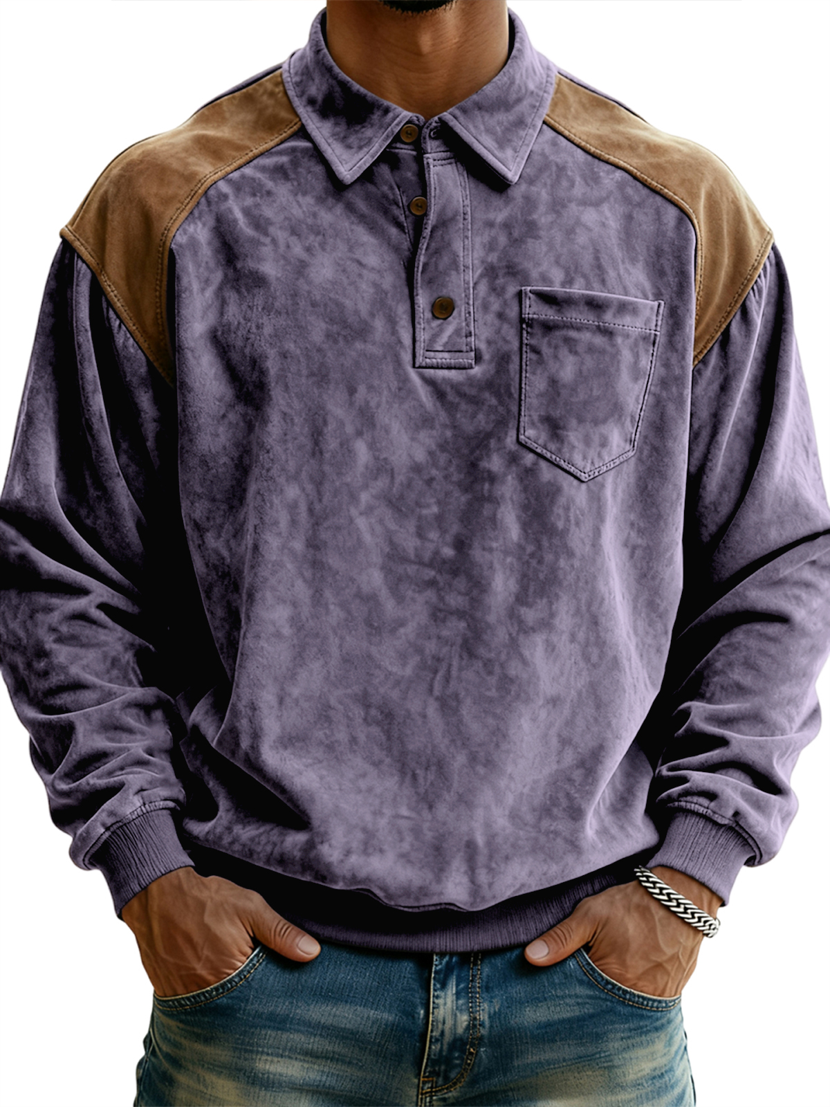Men's Vintage Polo Sweatshirt with Contrast Suede Shoulders