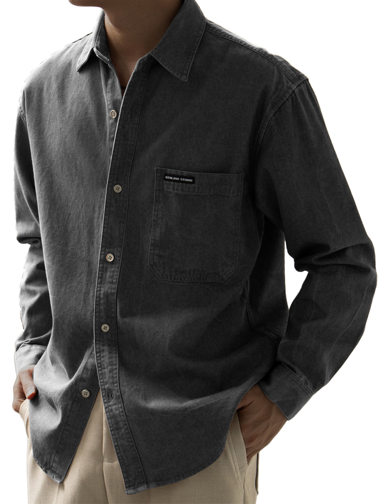 Men's Basic Vintage Washed Pocket Logo Long Sleeve Shirt