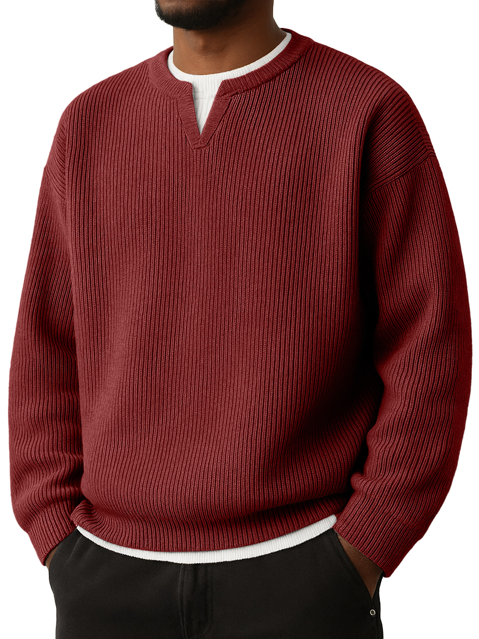 Men's Simple Striped Jacquard V-Neck Faux Two-Piece Casual Long-Sleeve T-Shirt