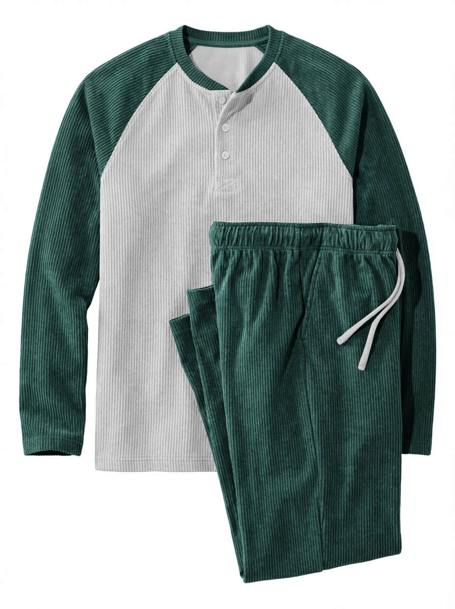 Men's Casual Corduroy Raglan Sleeve Henley Shirt And Pants Set OOTD