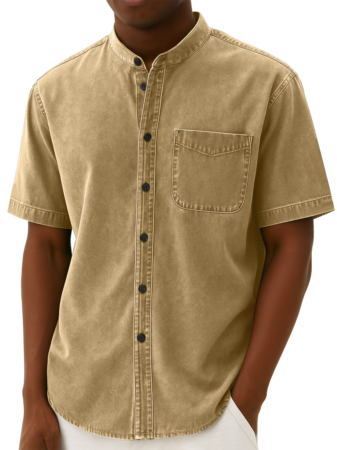 Men's Stylish Retro Distressed Pocket Work Short-sleeved Shirt With Stand-up Collar